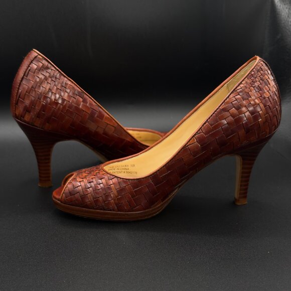 Cole Haan Shoes - Cole Haan Genevieve Woven Leather Peep-Toe Pumps, Cognac Brown, Nike Air, US 5B